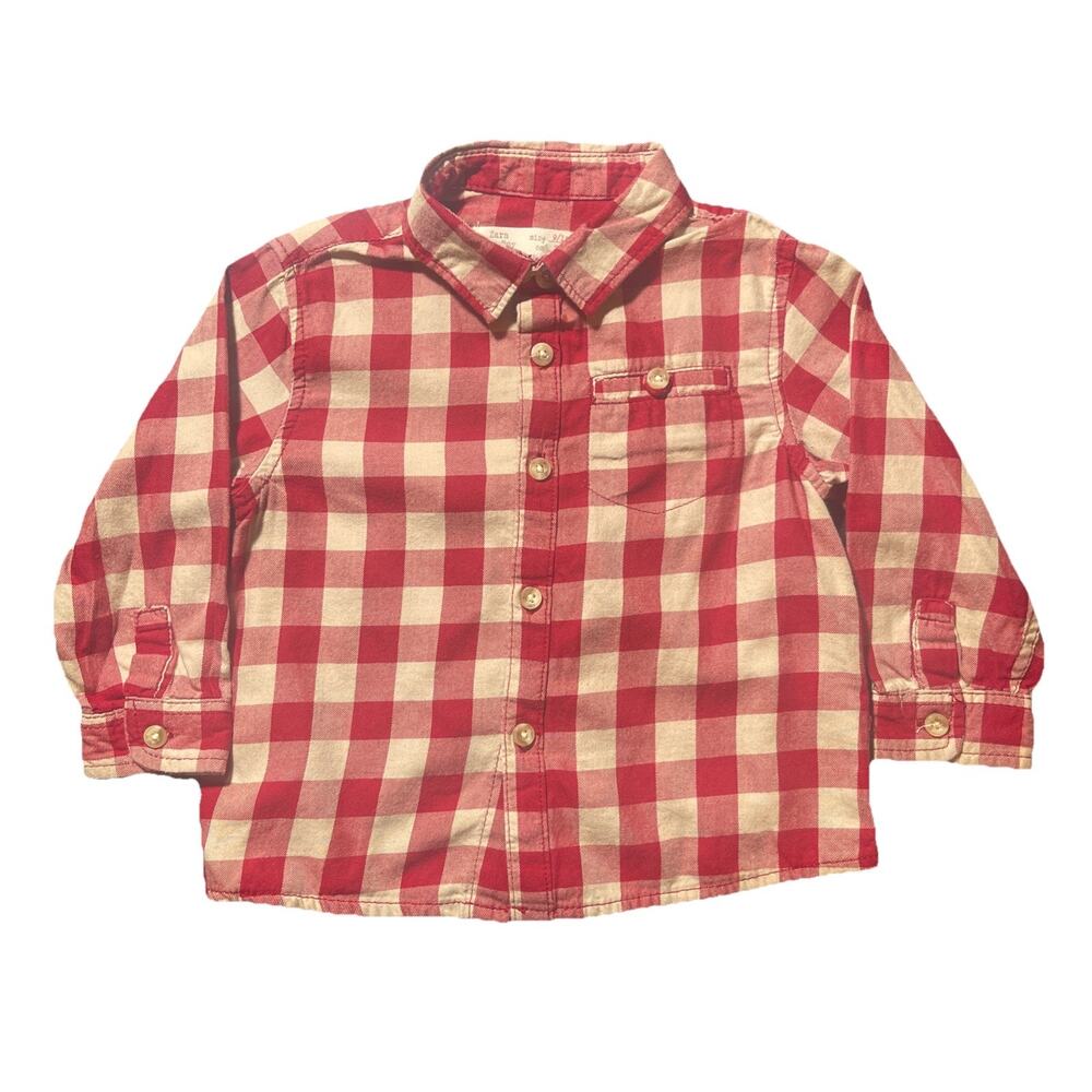 ZARA Baby Boys 9-12M Red White Plaid Button Down Long Sleeve Shirt Cotton